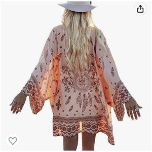 🌸3/$15🌸Peach and Brown Chiffon Boho Open Front Kimono Style Cardigan sz L